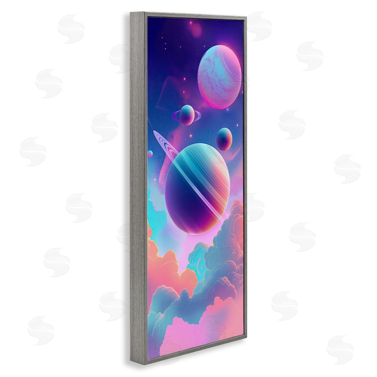 Pastel Clouds with Planets Grey Frame Print Wall Art, Home Decor by Wumples