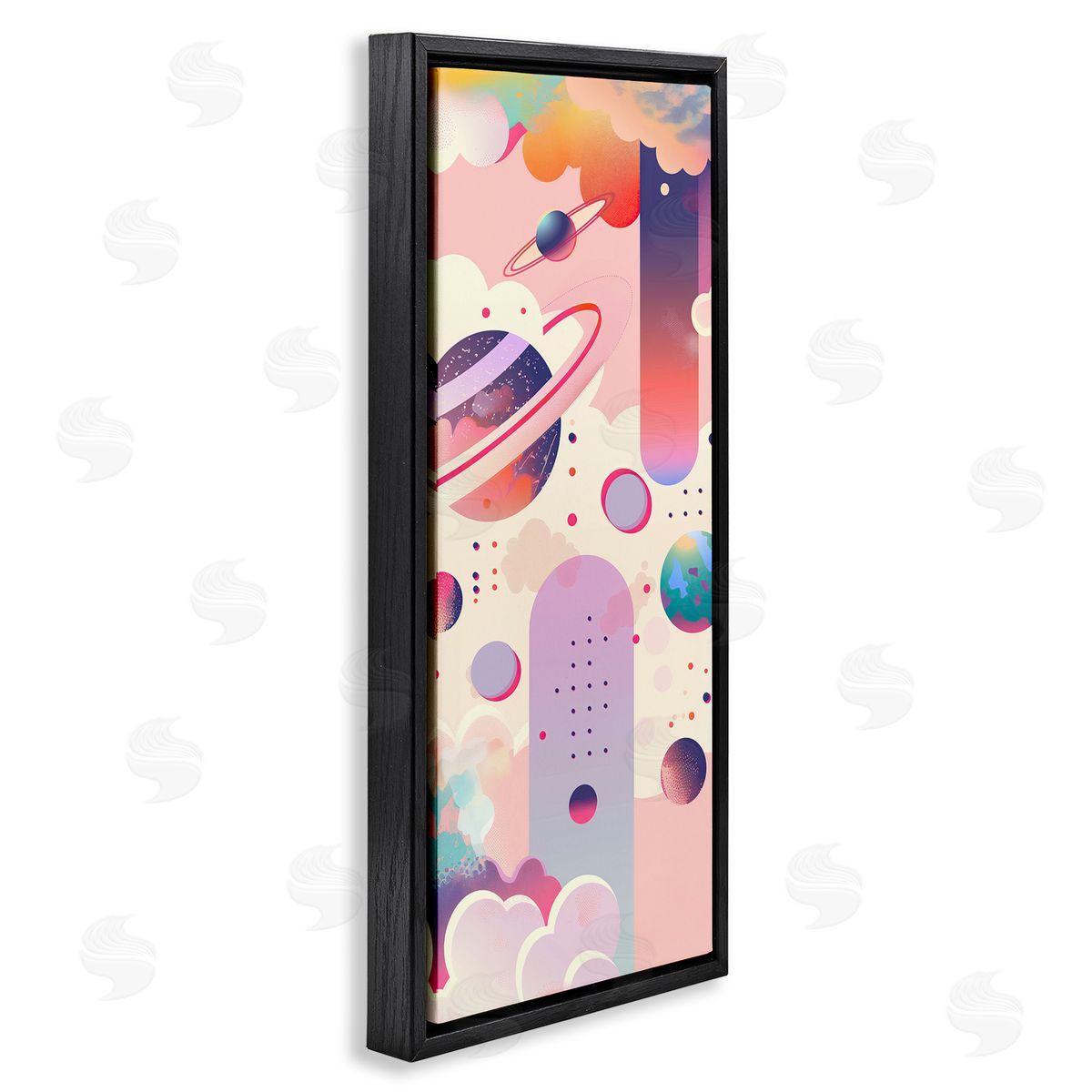 Surreal Geometric Planets Scene Black Floating Frame Canvas Wall Art, Home Decor by Wumples