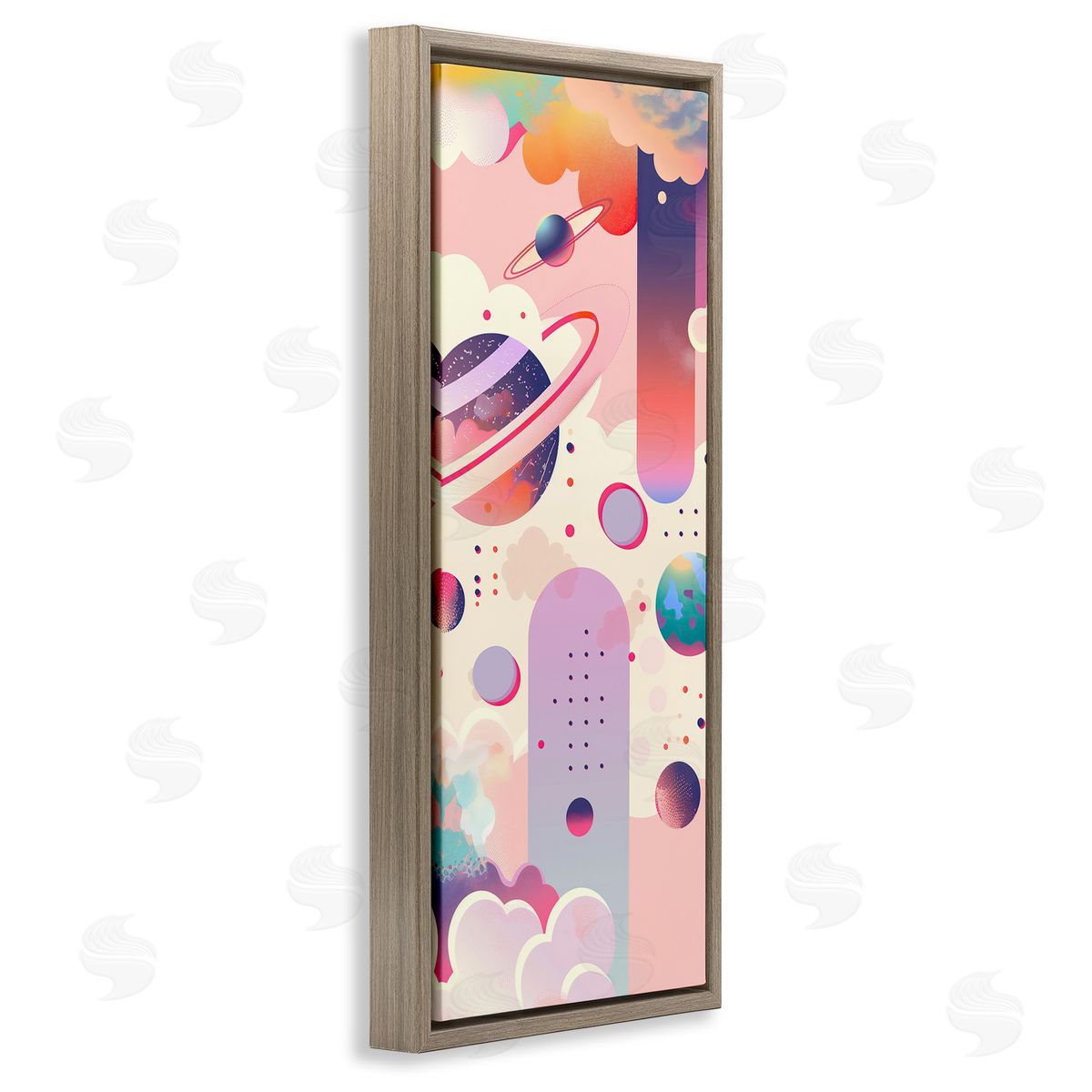 Surreal Geometric Planets Scene Brown Floating Frame Canvas Wall Art, Home Decor by Wumples