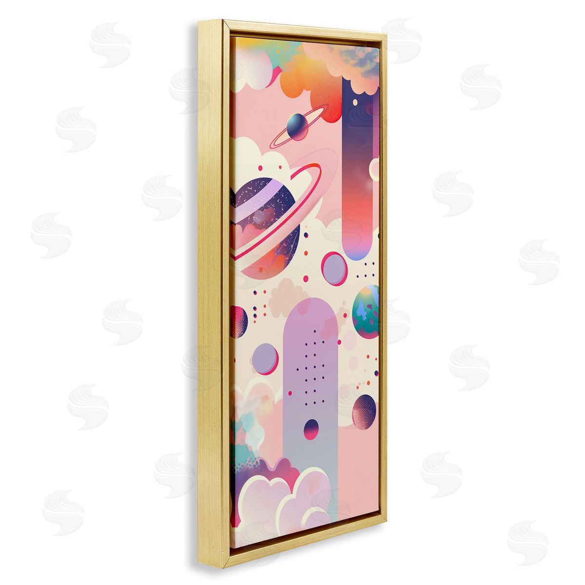 Surreal Geometric Planets Scene Gold Floating Frame Canvas Wall Art, Home Decor by Wumples