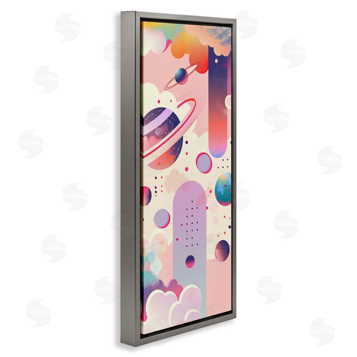 Surreal Geometric Planets Scene Grey Floating Frame Canvas Wall Art, Home Decor by Wumples