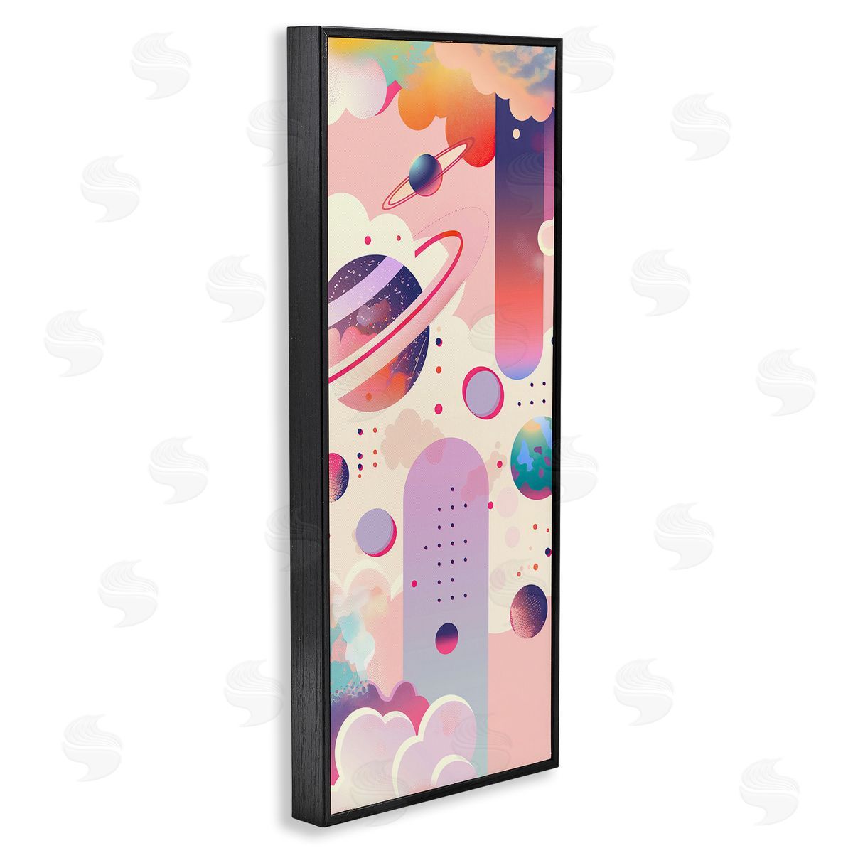 Surreal Geometric Planets Scene Black Frame Print Wall Art, Home Decor by Wumples