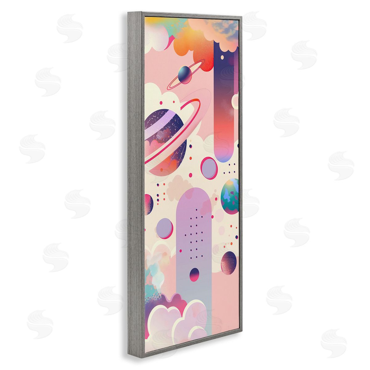 Surreal Geometric Planets Scene Grey Frame Print Wall Art, Home Decor by Wumples