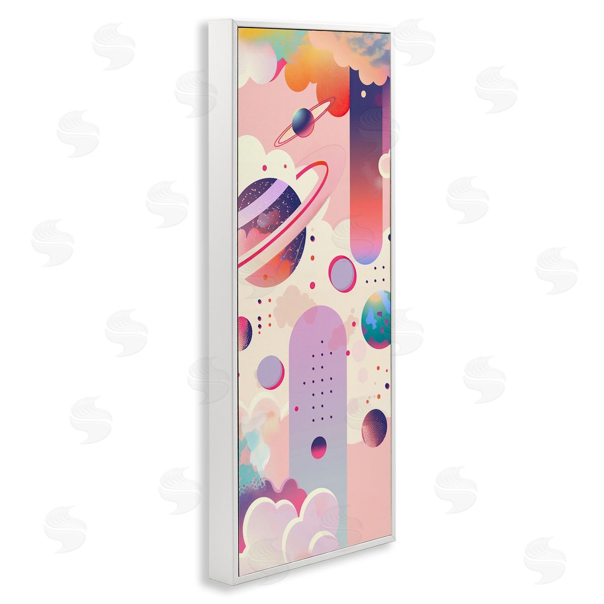Surreal Geometric Planets Scene White Frame Print Wall Art, Home Decor by Wumples