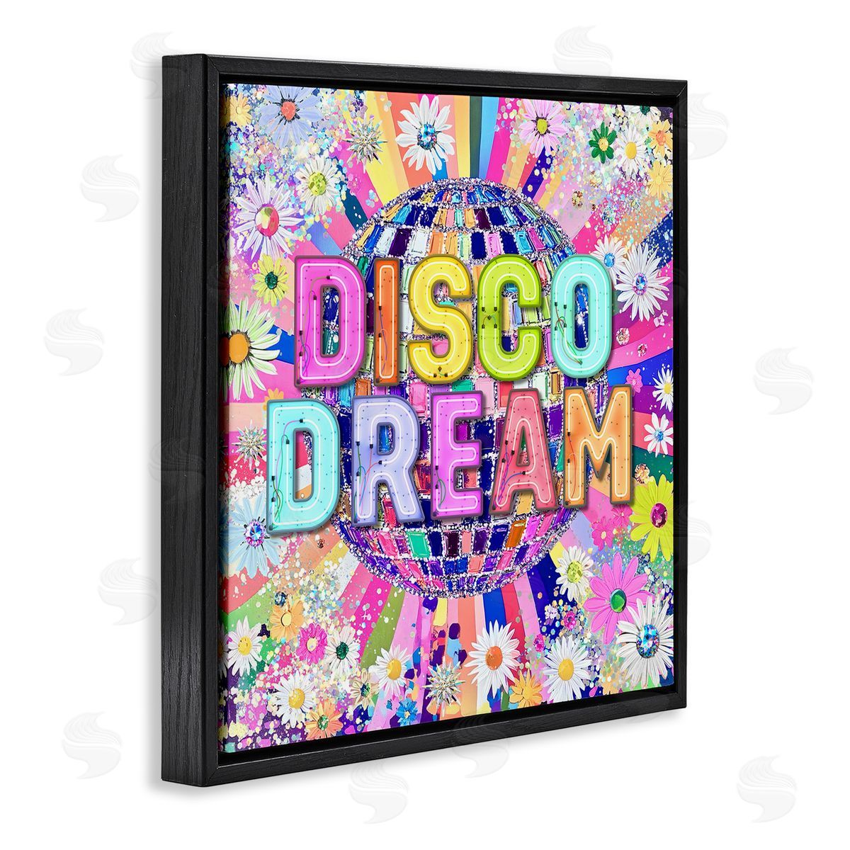 Vivid Disco Dream with Daisies Black Floating Frame Canvas Wall Art, Home Decor by Jess Stempel