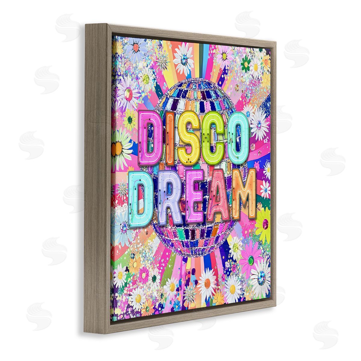 Vivid Disco Dream with Daisies Brown Floating Frame Canvas Wall Art, Home Decor by Jess Stempel