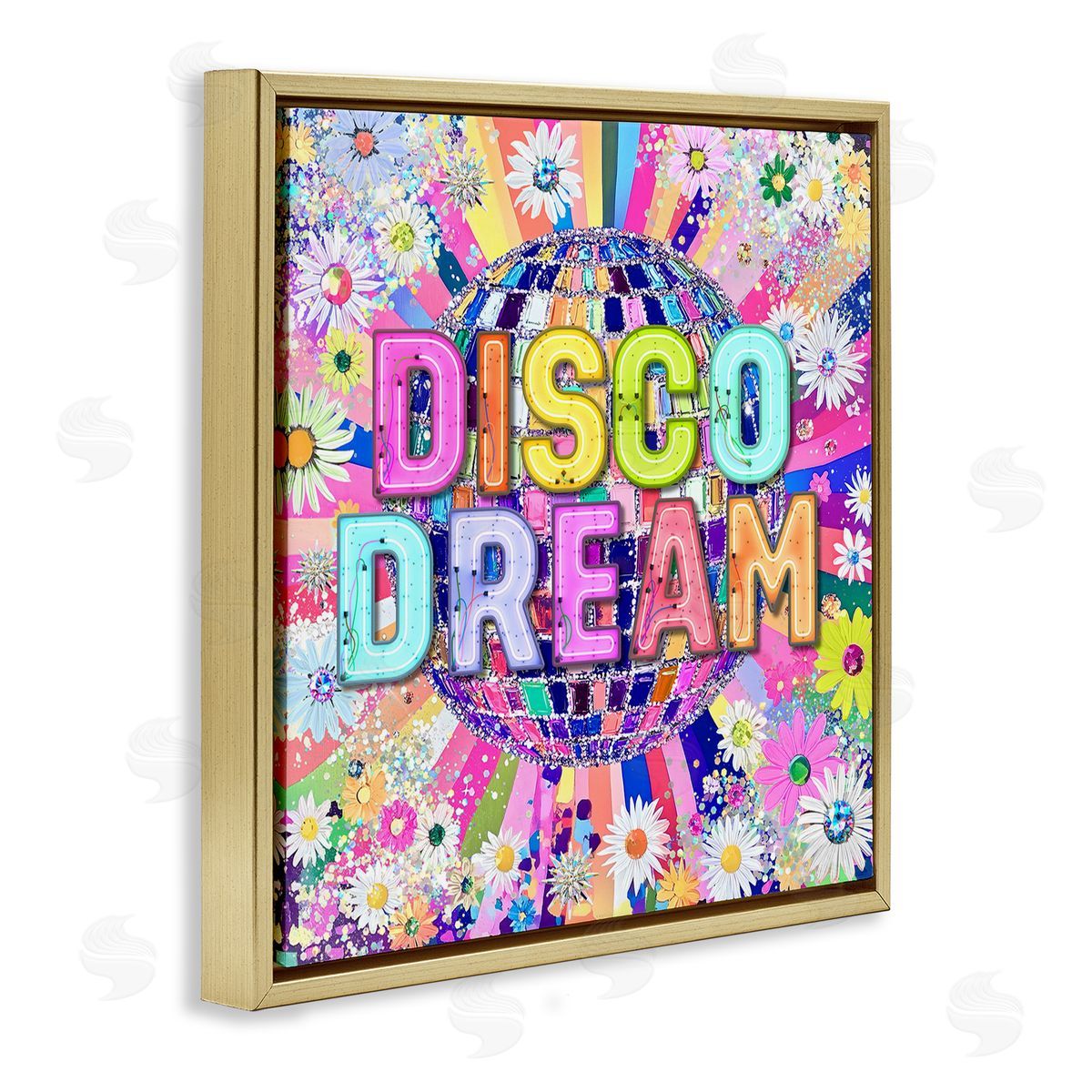 Vivid Disco Dream with Daisies Gold Floating Frame Canvas Wall Art, Home Decor by Jess Stempel