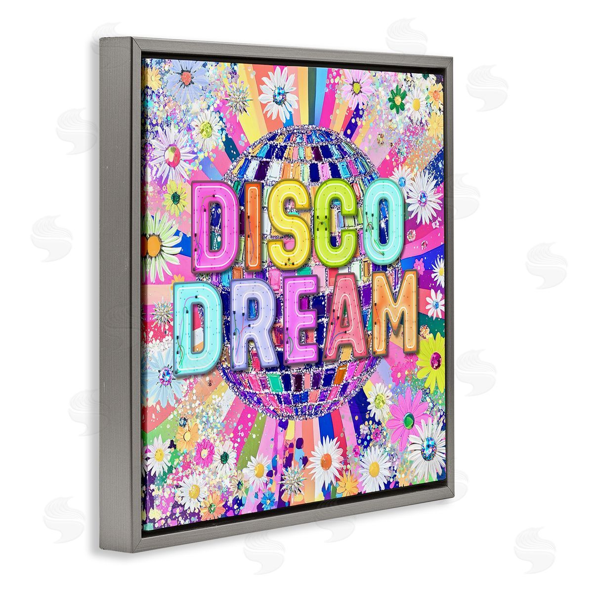 Vivid Disco Dream with Daisies Grey Floating Frame Canvas Wall Art, Home Decor by Jess Stempel