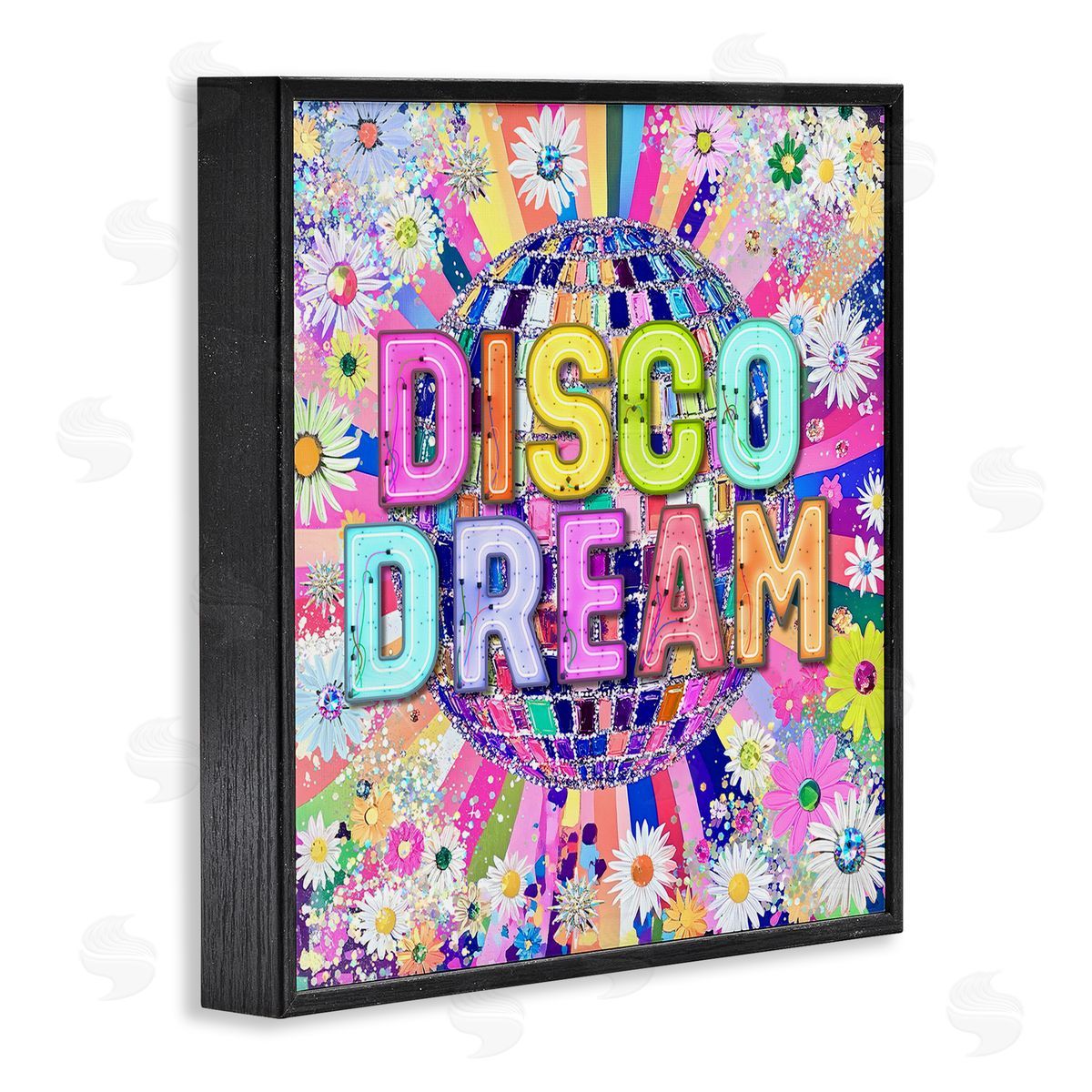 Vivid Disco Dream with Daisies Black Frame Print Wall Art, Home Decor by Jess Stempel
