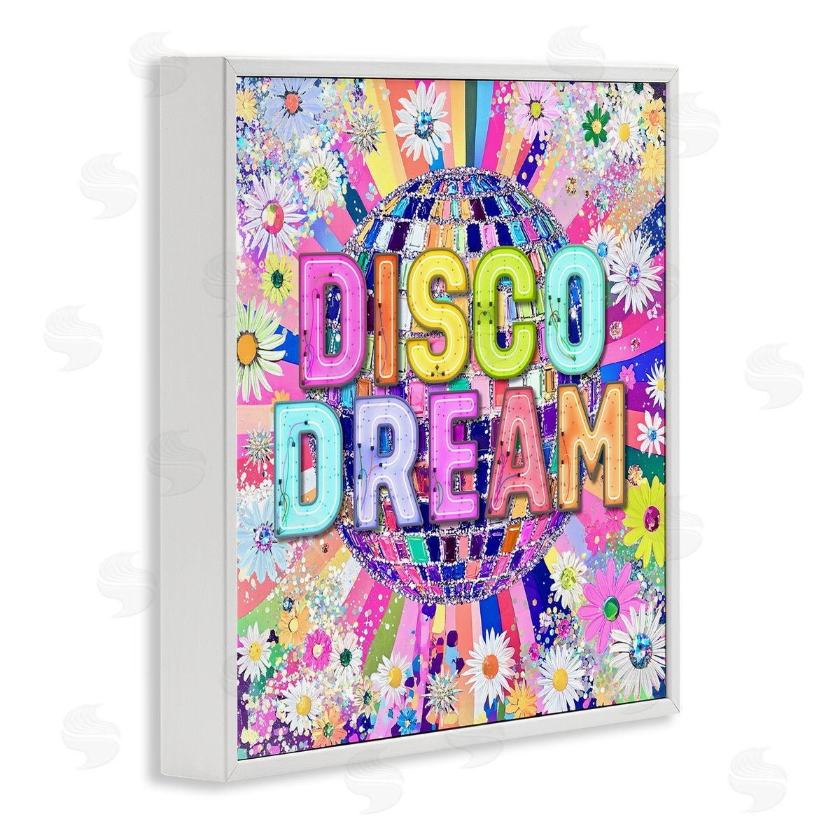 Vivid Disco Dream with Daisies White Frame Print Wall Art, Home Decor by Jess Stempel