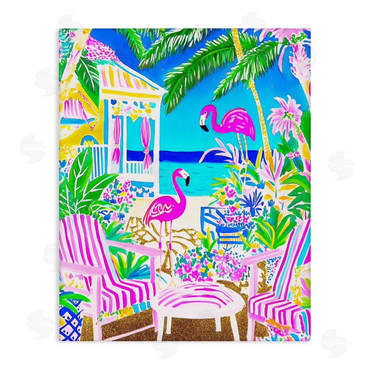 Vivid Flamingos on Tropical Beach Canvas Wall Art, Home Decor by Jess Stempel