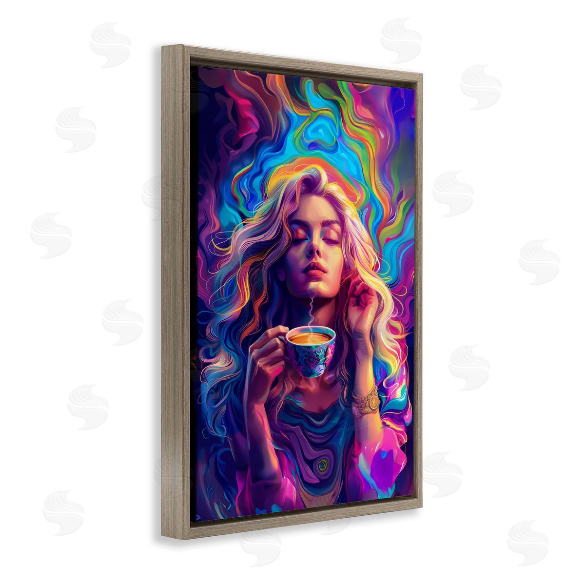 Spiritual Woman Sipping Tea Brown Floating Frame Canvas Wall Art, Home Decor by Spirit of the Rainbow