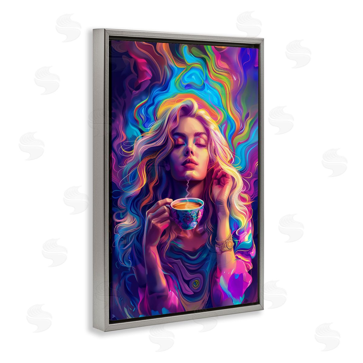 Spiritual Woman Sipping Tea Grey Floating Frame Canvas Wall Art, Home Decor by Spirit of the Rainbow