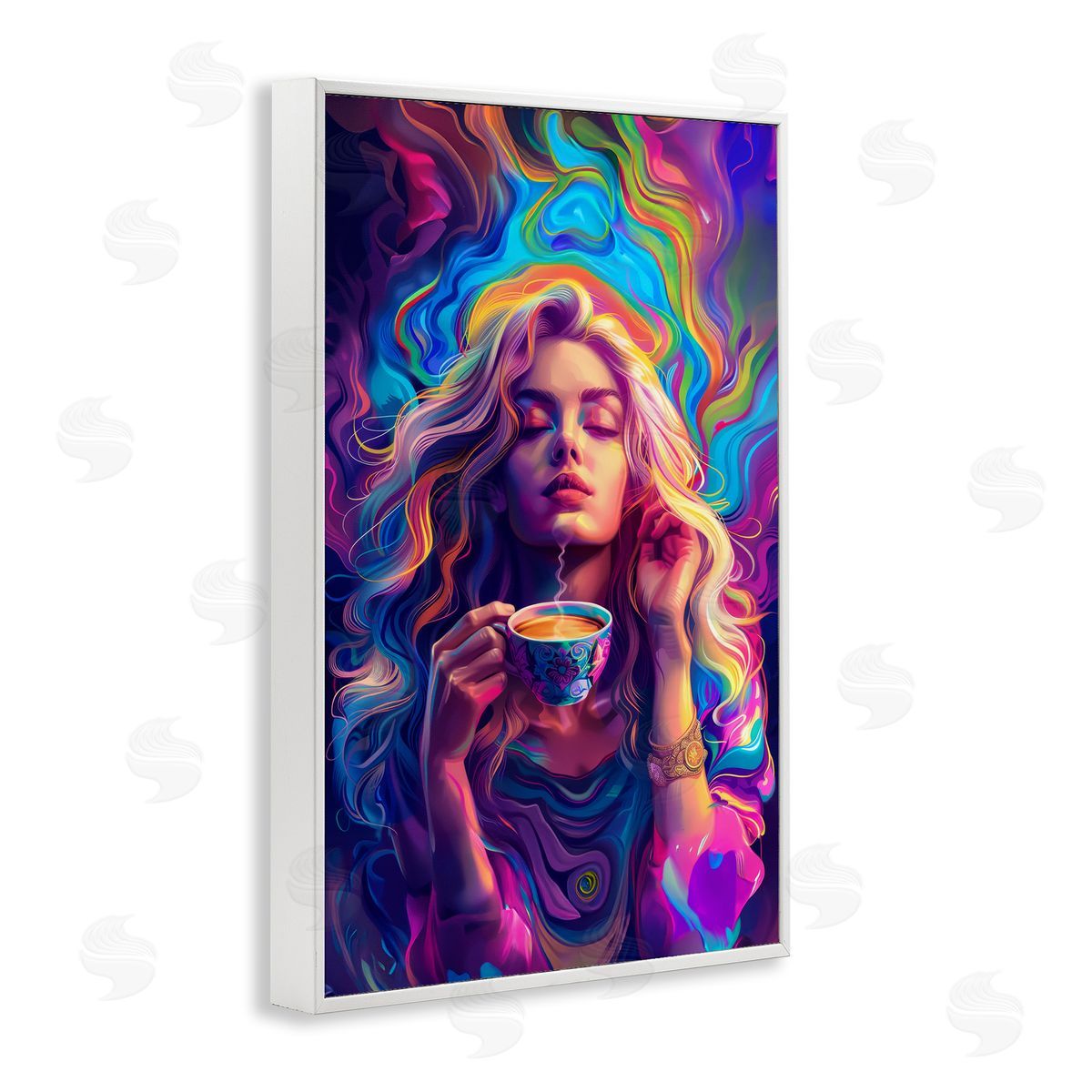 Spiritual Woman Sipping Tea White Frame Print Wall Art, Home Decor by Spirit of the Rainbow