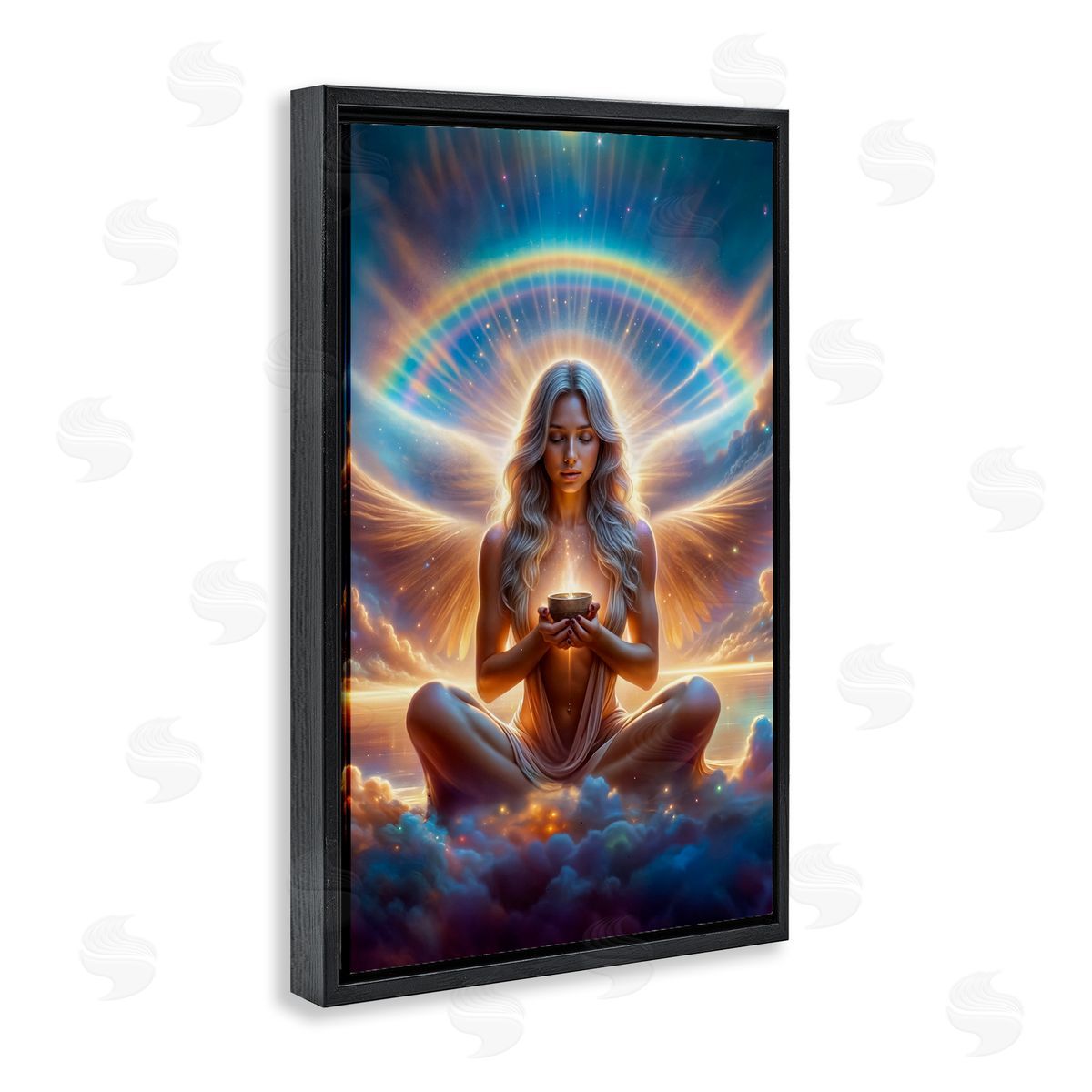 Enlightened Angel with Tea Black Floating Frame Canvas Wall Art, Home Decor by Spirit of the Rainbow