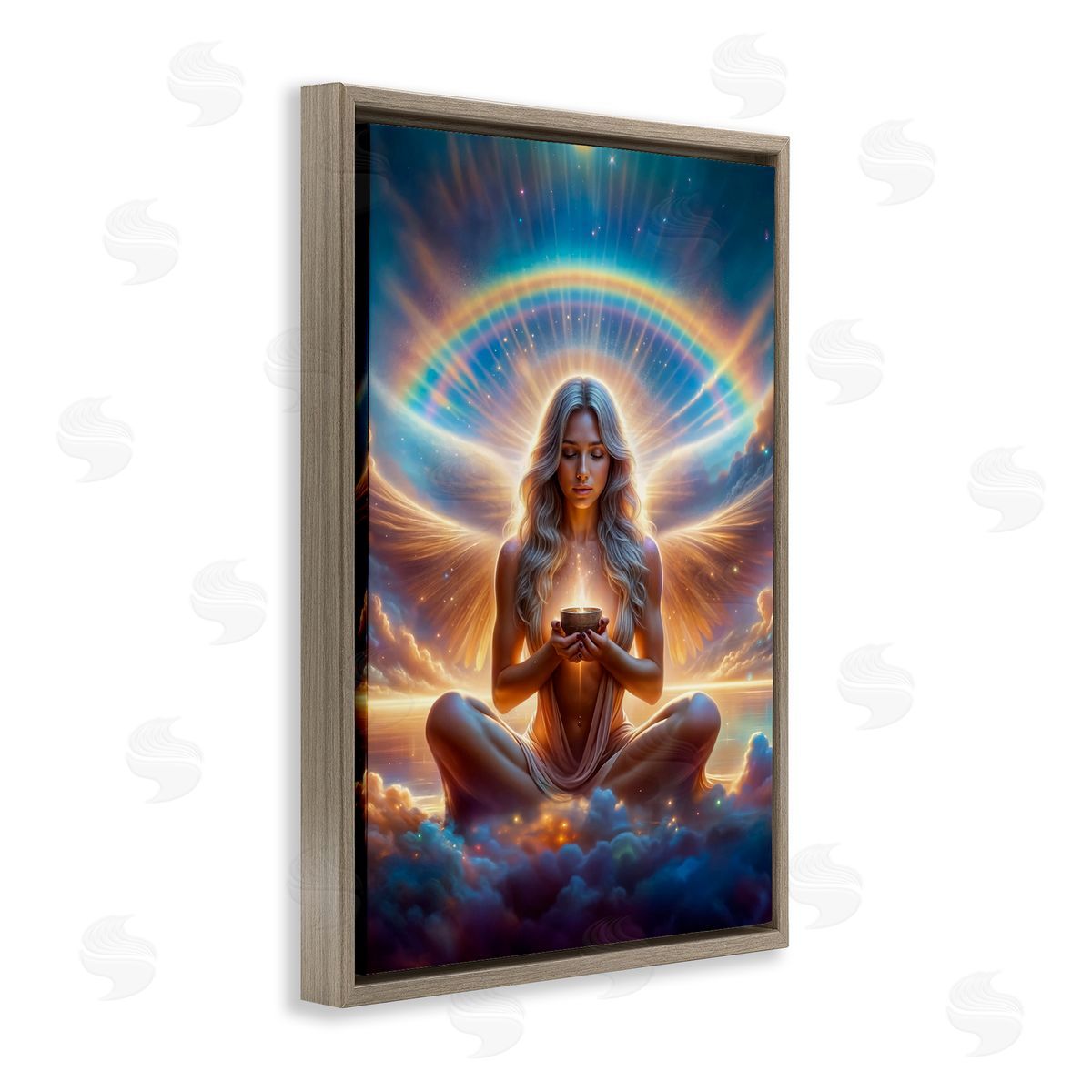 Enlightened Angel with Tea Brown Floating Frame Canvas Wall Art, Home Decor by Spirit of the Rainbow