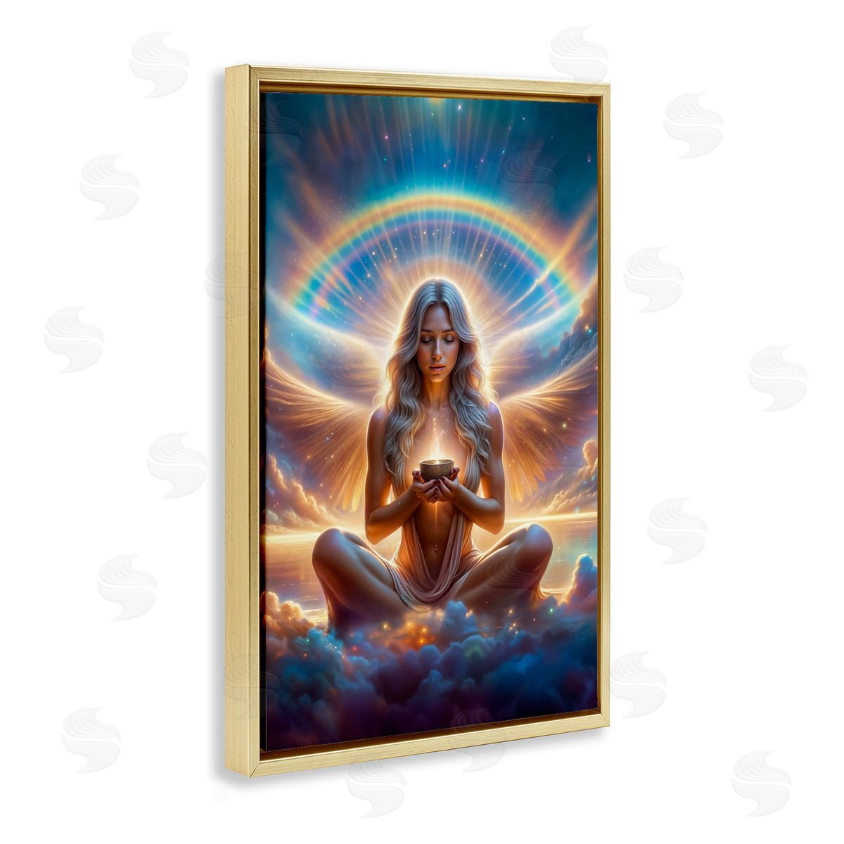 Enlightened Angel with Tea Gold Floating Frame Canvas Wall Art, Home Decor by Spirit of the Rainbow