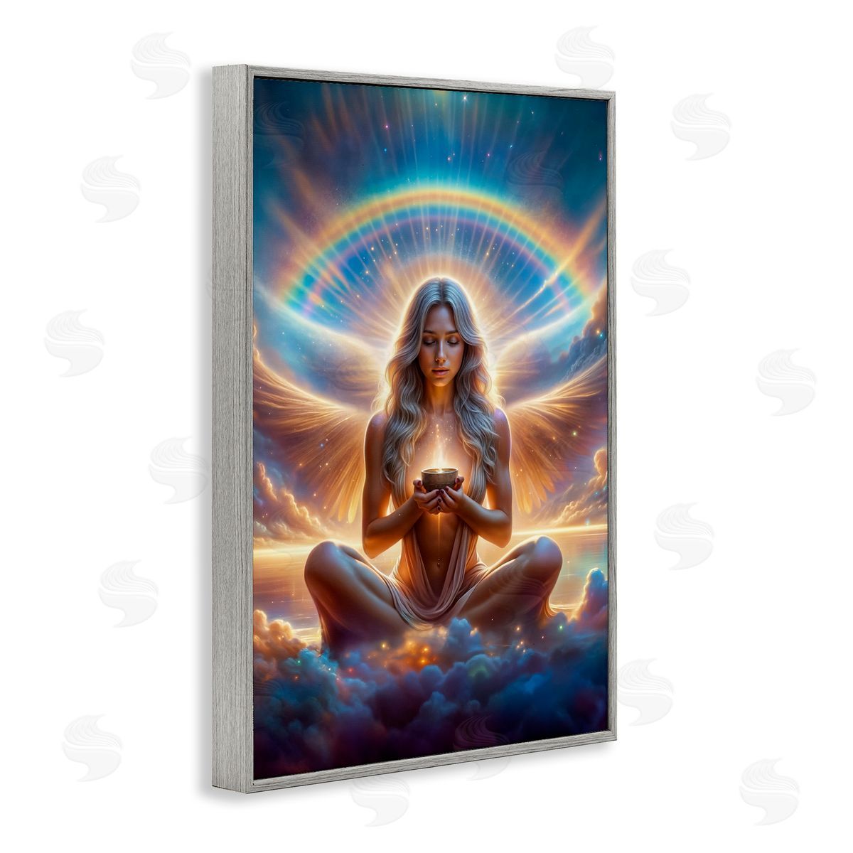 Enlightened Angel with Tea Grey Frame Print Wall Art, Home Decor by Spirit of the Rainbow