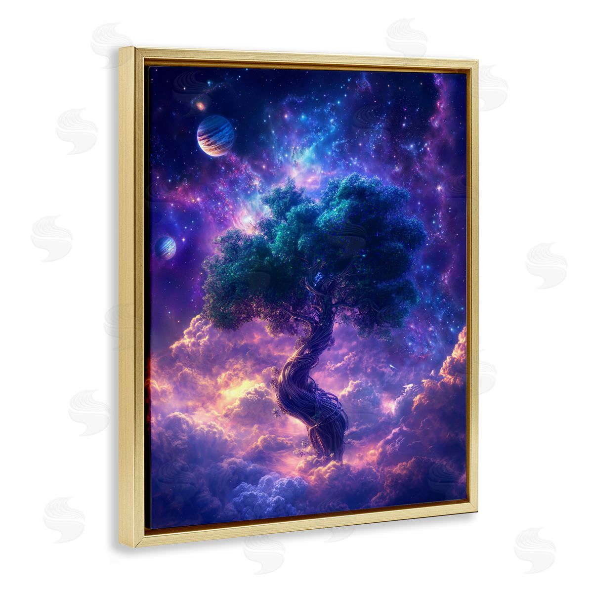 Tree Of Life Through Clouds Gold Floating Frame Canvas Wall Art, Home Decor by Wumples