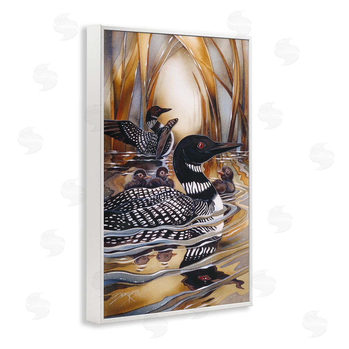 Loon Family Among Pond Ripples White Frame Print Wall Art, Home Decor by Jody Bergsma