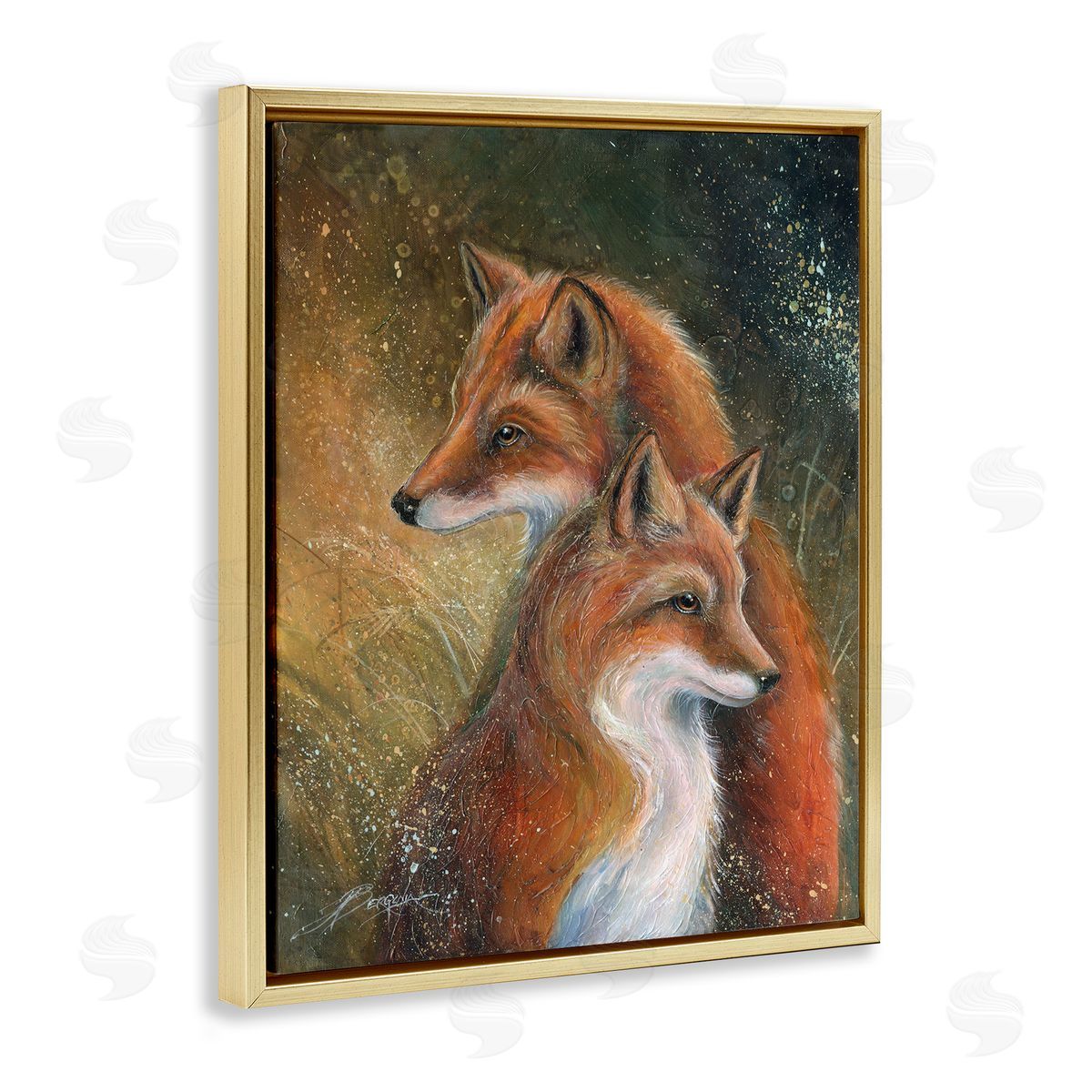 Fox Pair Portrait Gold Floating Frame Canvas Wall Art, Home Decor by Jody Bergsma