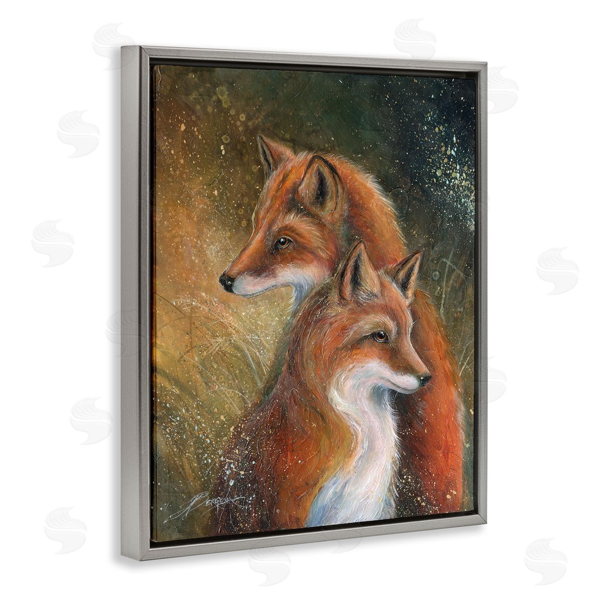 Fox Pair Portrait Grey Floating Frame Canvas Wall Art, Home Decor by Jody Bergsma