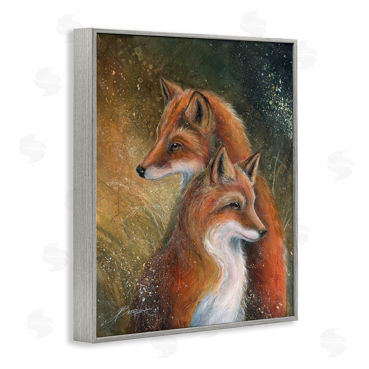 Fox Pair Portrait Grey Frame Print Wall Art, Home Decor by Jody Bergsma