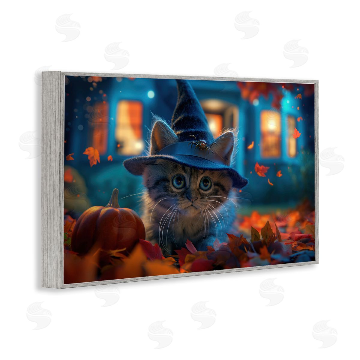 Halloween Witch Kitten & Pumpkin Grey Frame Print Wall Art, Home Decor by Wumples