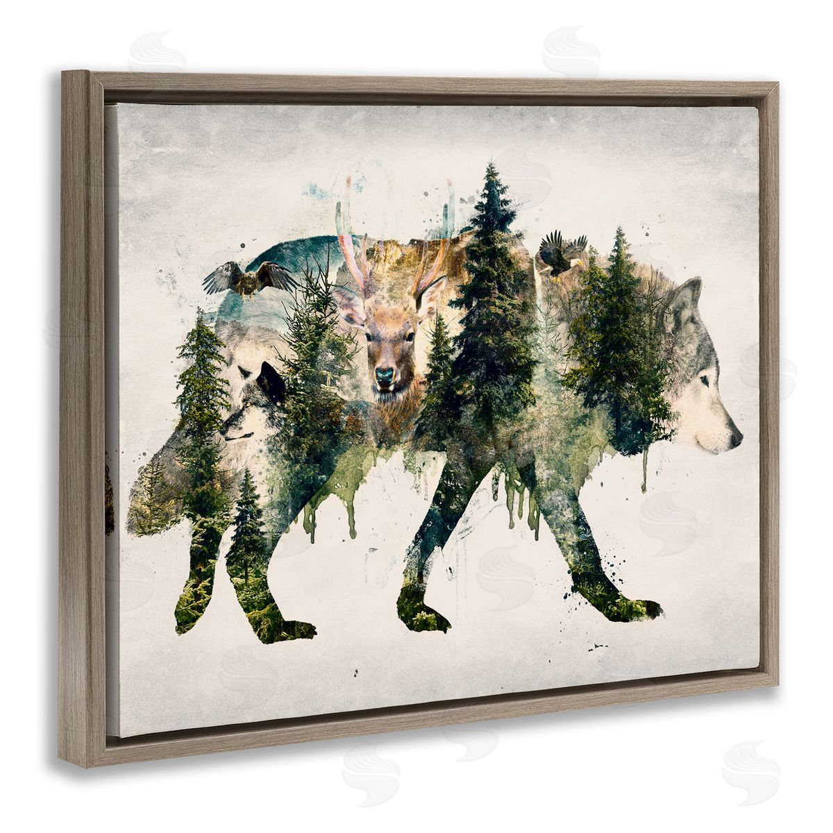 Woodland Wildlife Wolf Contour Brown Floating Frame Canvas Wall Art, Home Decor by Barrett Biggers