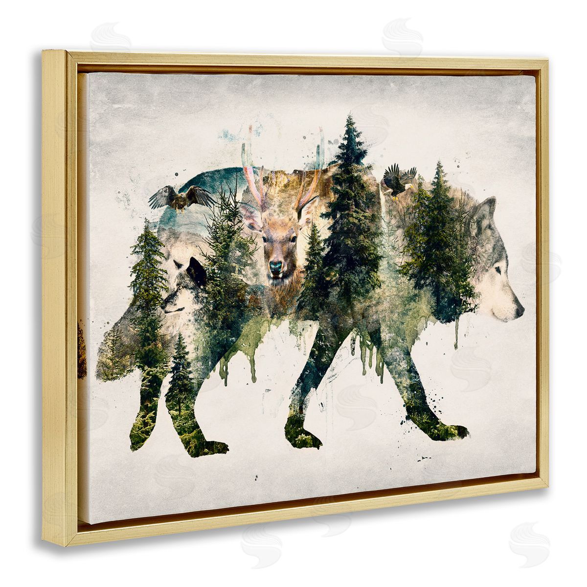 Woodland Wildlife Wolf Contour Gold Floating Frame Canvas Wall Art, Home Decor by Barrett Biggers