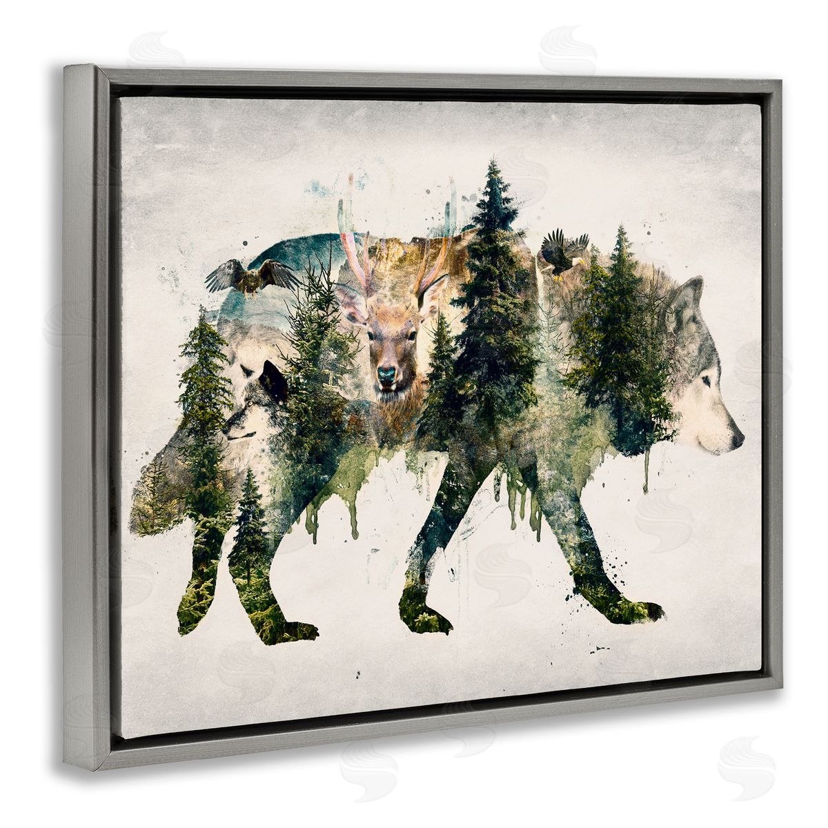 Woodland Wildlife Wolf Contour Grey Floating Frame Canvas Wall Art, Home Decor by Barrett Biggers