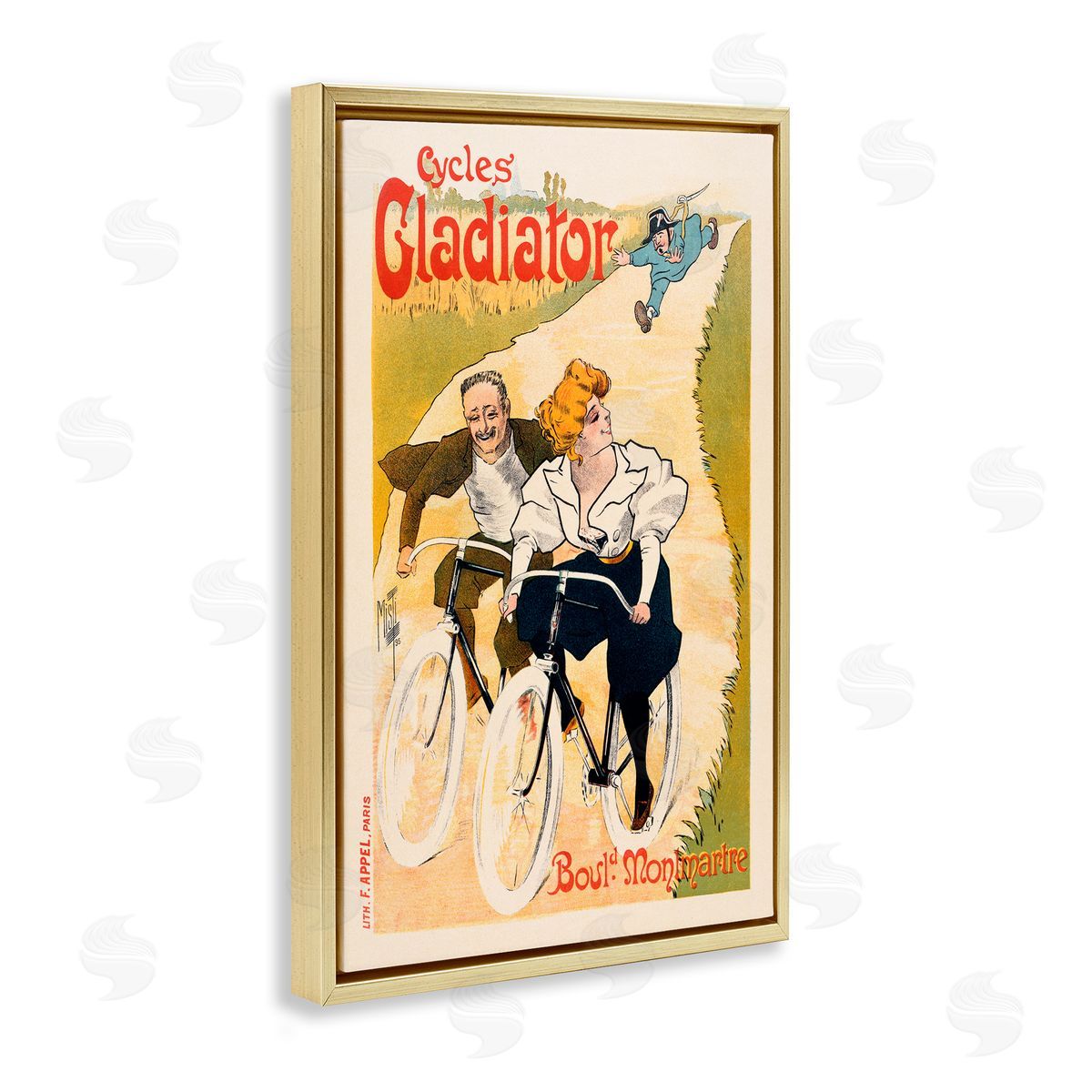 Vintage Cyclists Poster Gold Floating Frame Canvas Wall Art, Home Decor by Marcus Jules