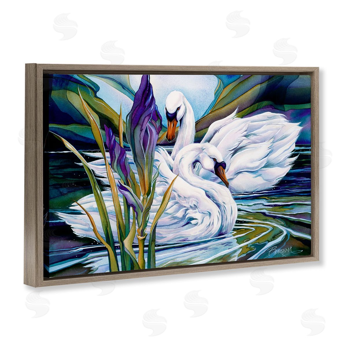 Swans with Abstract Pond Ripples Brown Floating Frame Canvas Wall Art, Home Decor by Jody Bergsma