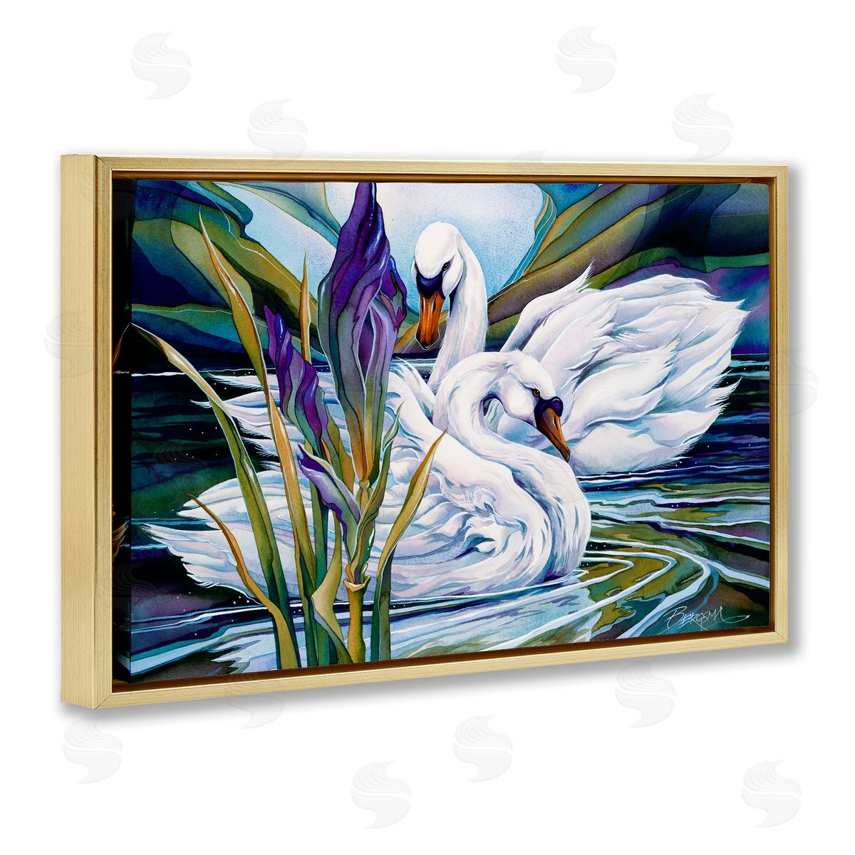 Swans with Abstract Pond Ripples Gold Floating Frame Canvas Wall Art, Home Decor by Jody Bergsma