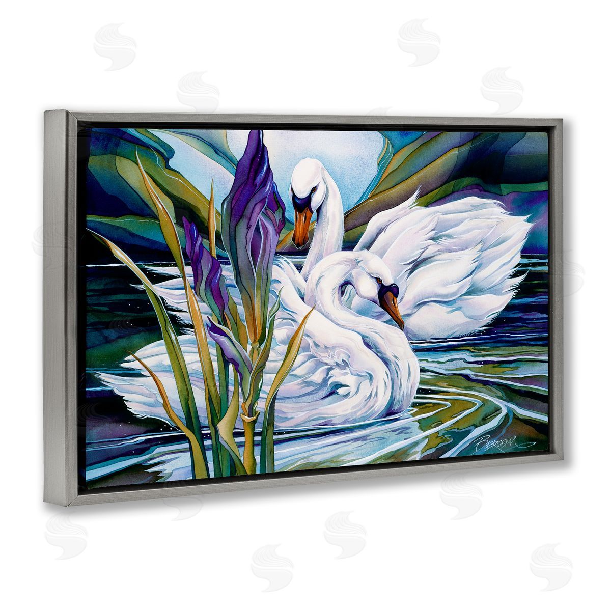 Swans with Abstract Pond Ripples Grey Floating Frame Canvas Wall Art, Home Decor by Jody Bergsma