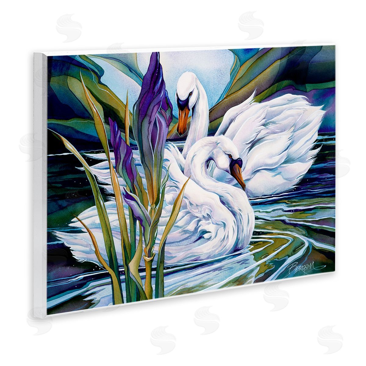 Swans with Abstract Pond Ripples Wood Plaque Wall Art, Home Decor by Jody Bergsma