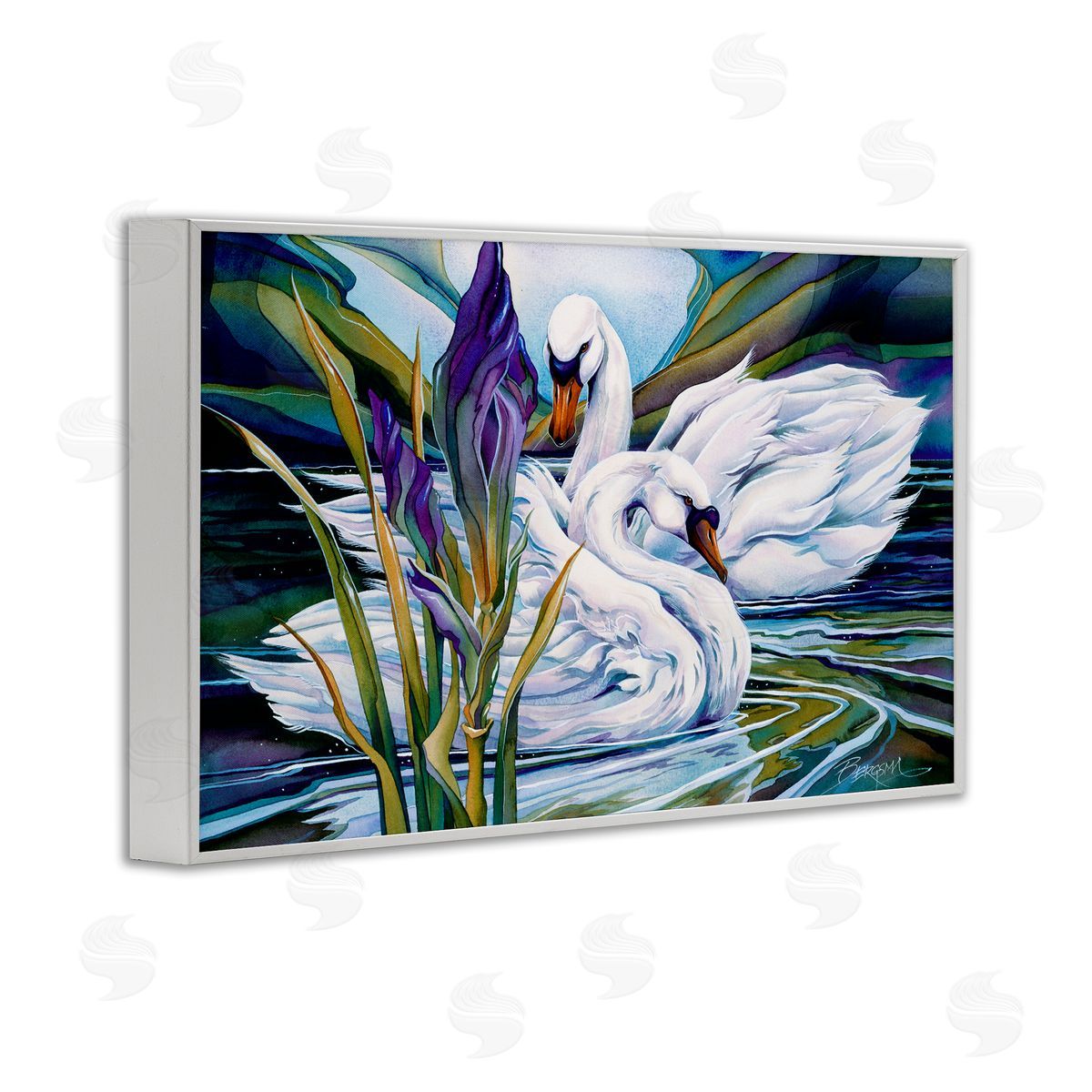 Swans with Abstract Pond Ripples White Frame Print Wall Art, Home Decor by Jody Bergsma