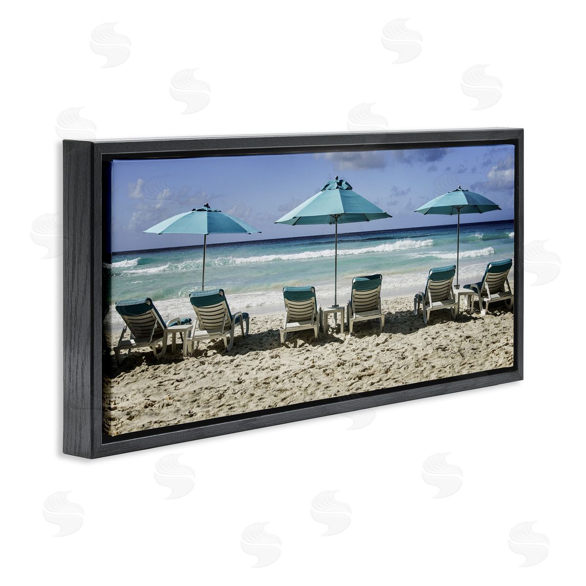 Lined Up Beach Chairs Black Floating Frame Canvas Wall Art, Home Decor by Mary Lou Johnson