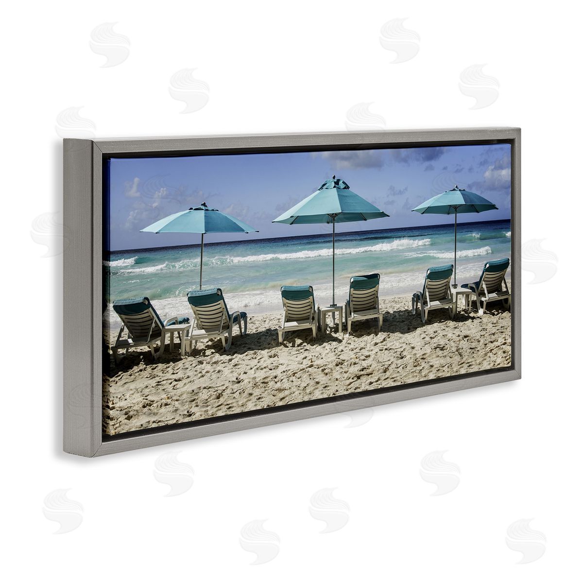 Lined Up Beach Chairs Grey Floating Frame Canvas Wall Art, Home Decor by Mary Lou Johnson