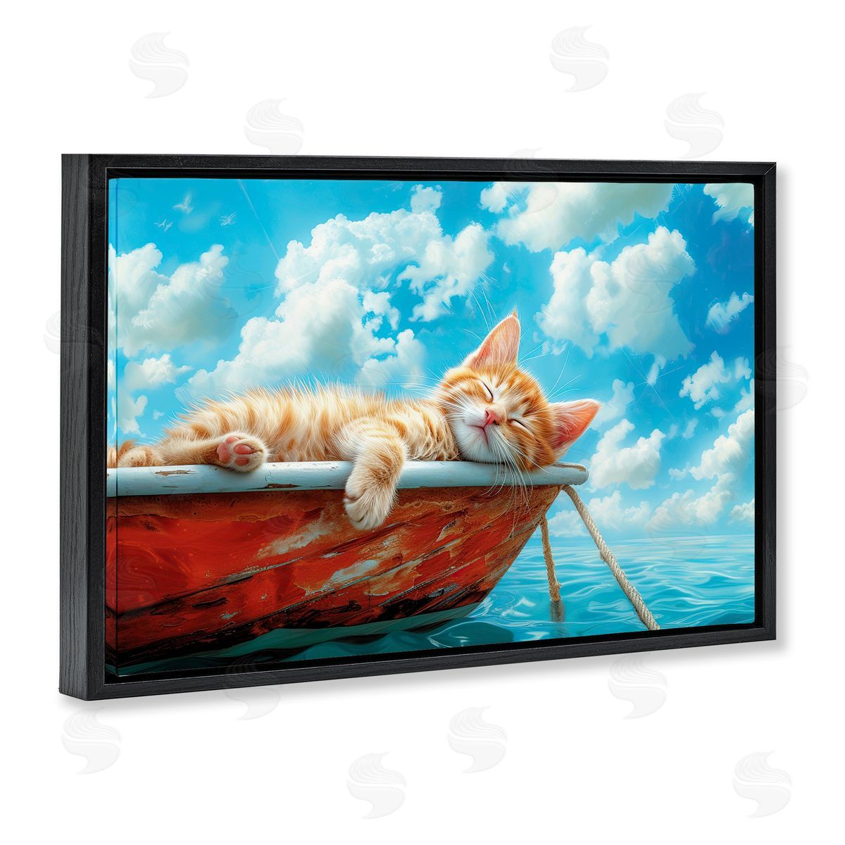 Sleeping Cat on Boat Black Floating Frame Canvas Wall Art, Home Decor by Parable Visions