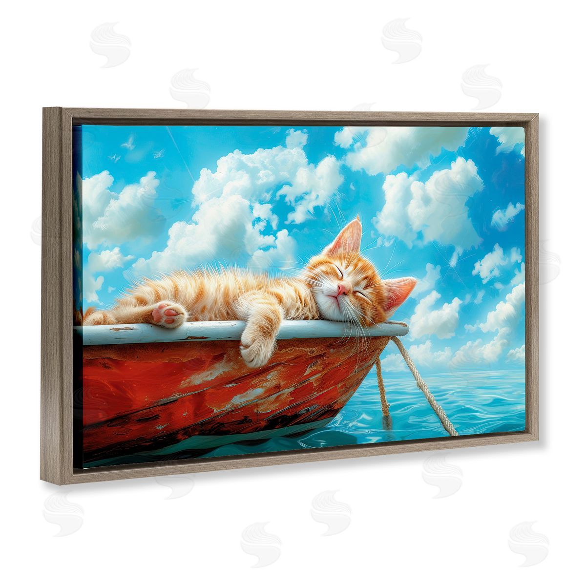 Sleeping Cat on Boat Brown Floating Frame Canvas Wall Art, Home Decor by Parable Visions