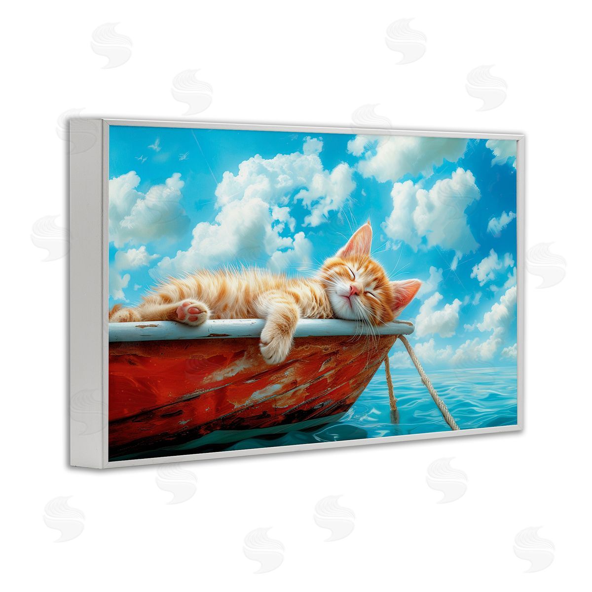 Sleeping Cat on Boat White Frame Print Wall Art, Home Decor by Parable Visions