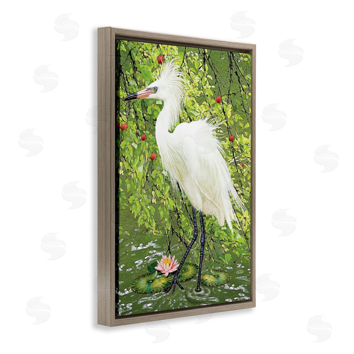 Sophisticated Heron in Pond Shore Brown Floating Frame Canvas Wall Art, Home Decor by Rosiland Solomon