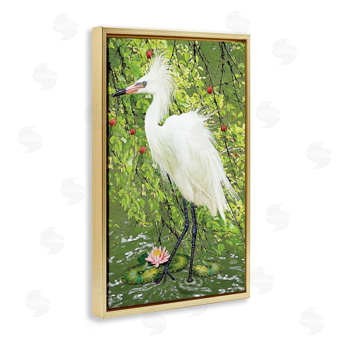 Sophisticated Heron in Pond Shore Gold Floating Frame Canvas Wall Art, Home Decor by Rosiland Solomon
