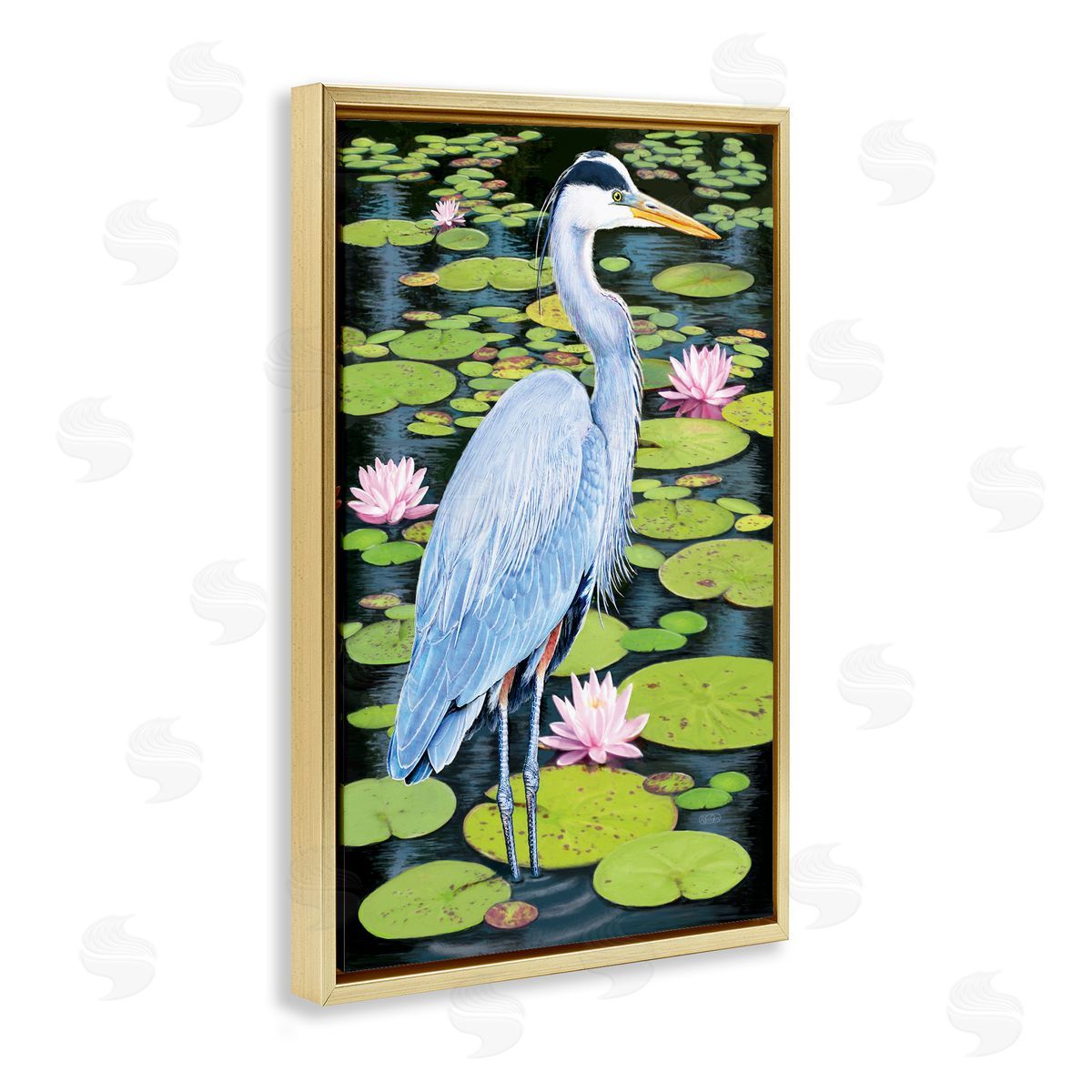 Heron Among Pond Lilies Gold Floating Frame Canvas Wall Art, Home Decor by Rosiland Solomon