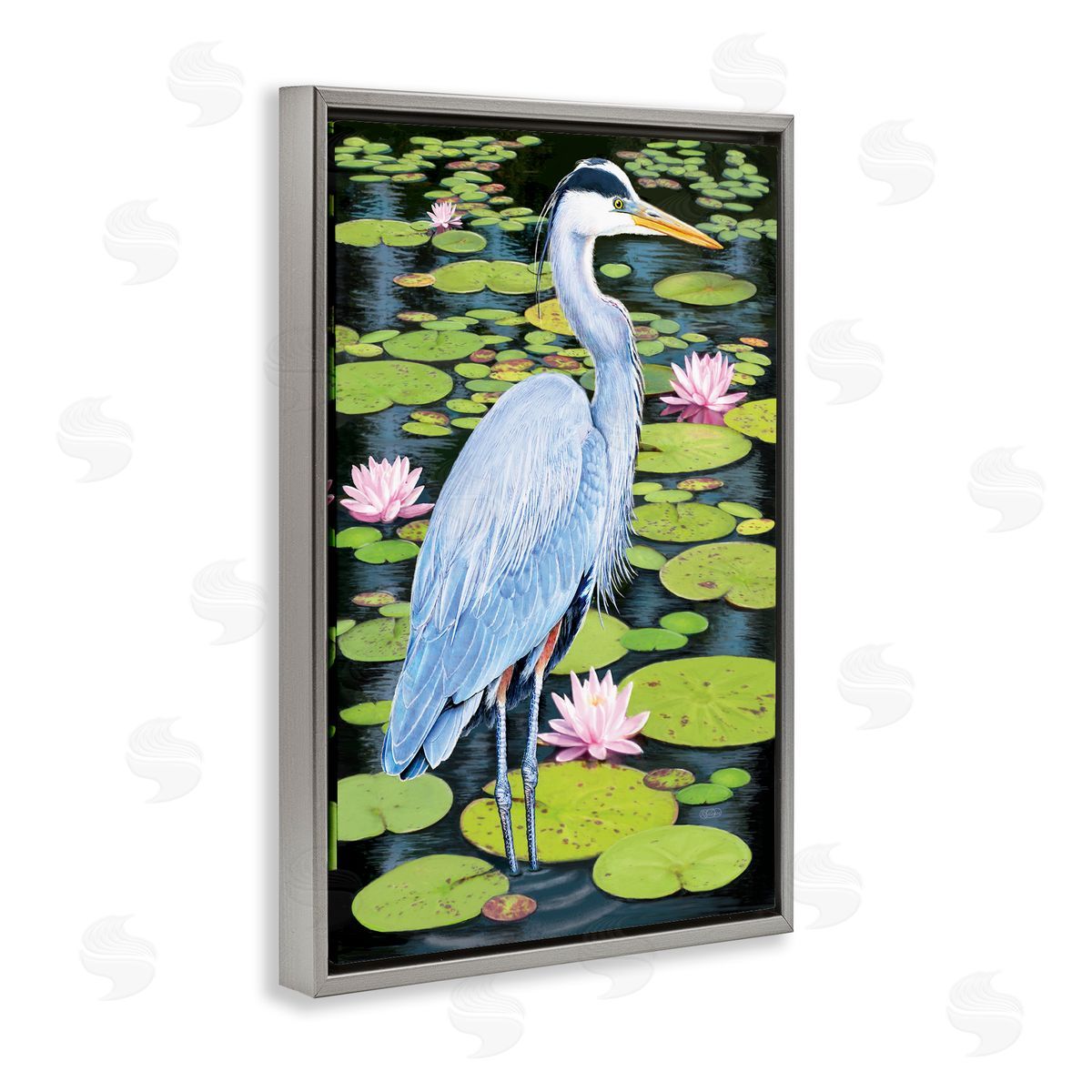 Heron Among Pond Lilies Grey Floating Frame Canvas Wall Art, Home Decor by Rosiland Solomon