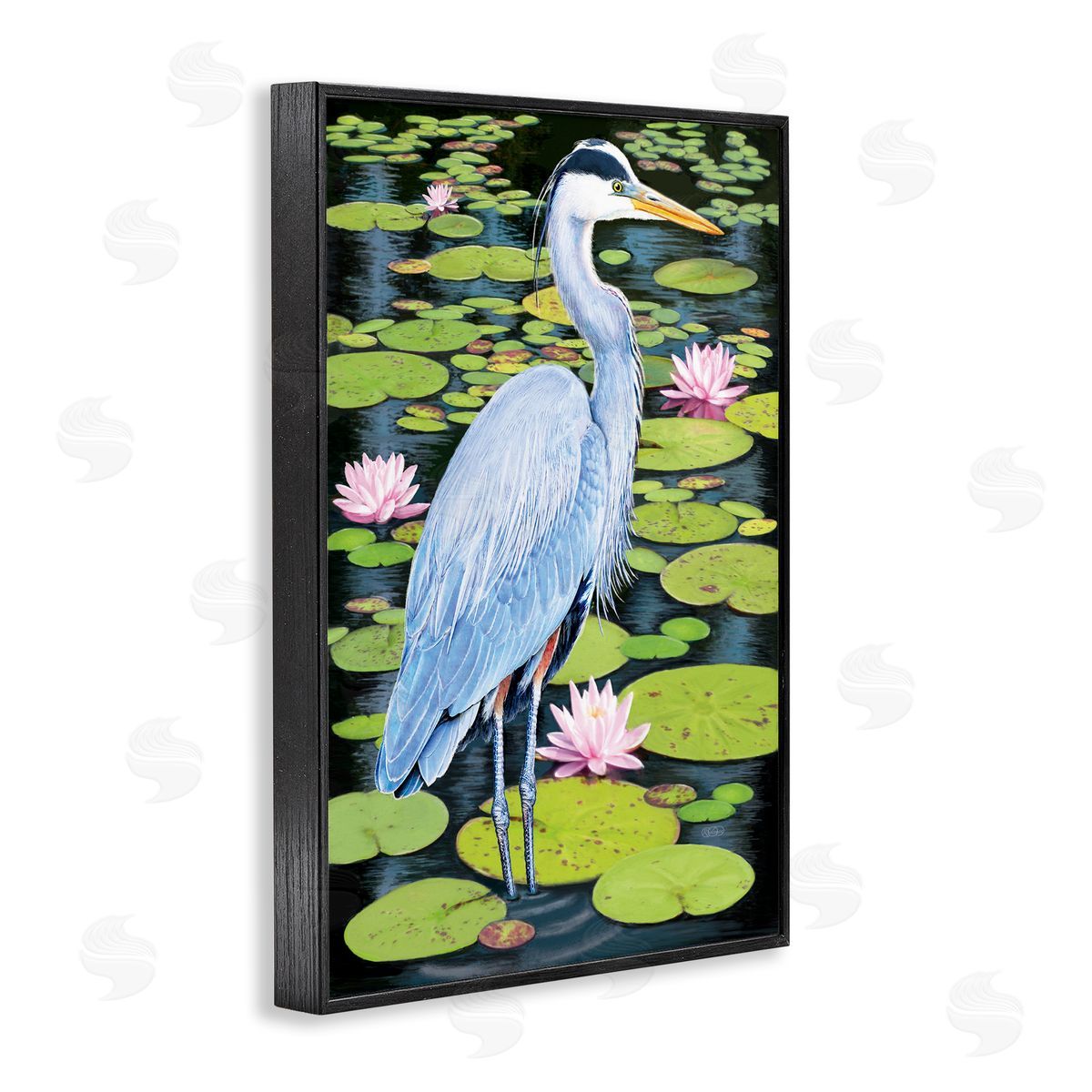 Heron Among Pond Lilies Black Frame Print Wall Art, Home Decor by Rosiland Solomon