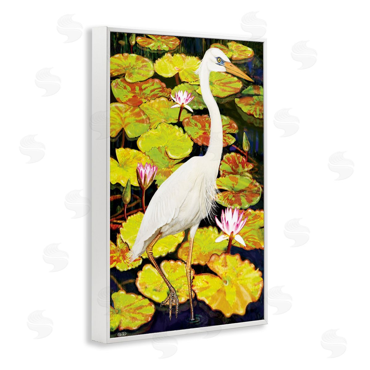 Stepping Bird on Lily Pads White Frame Print Wall Art, Home Decor by Rosiland Solomon
