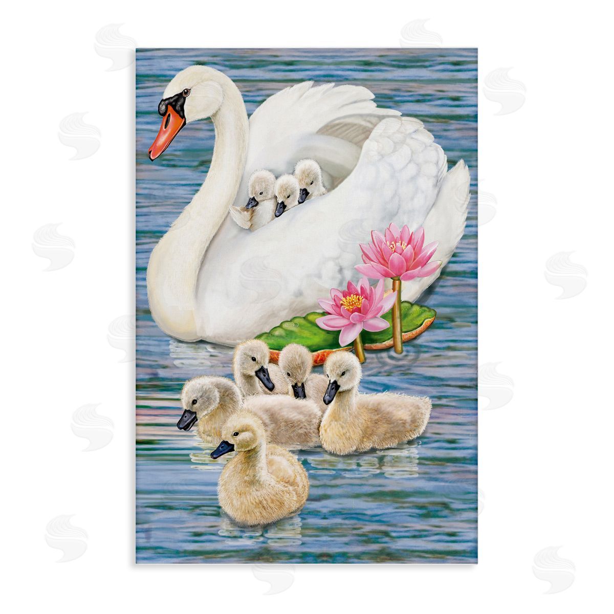 Swan Family & Lotus Flowers Canvas Wall Art, Home Decor by Rosiland Solomon