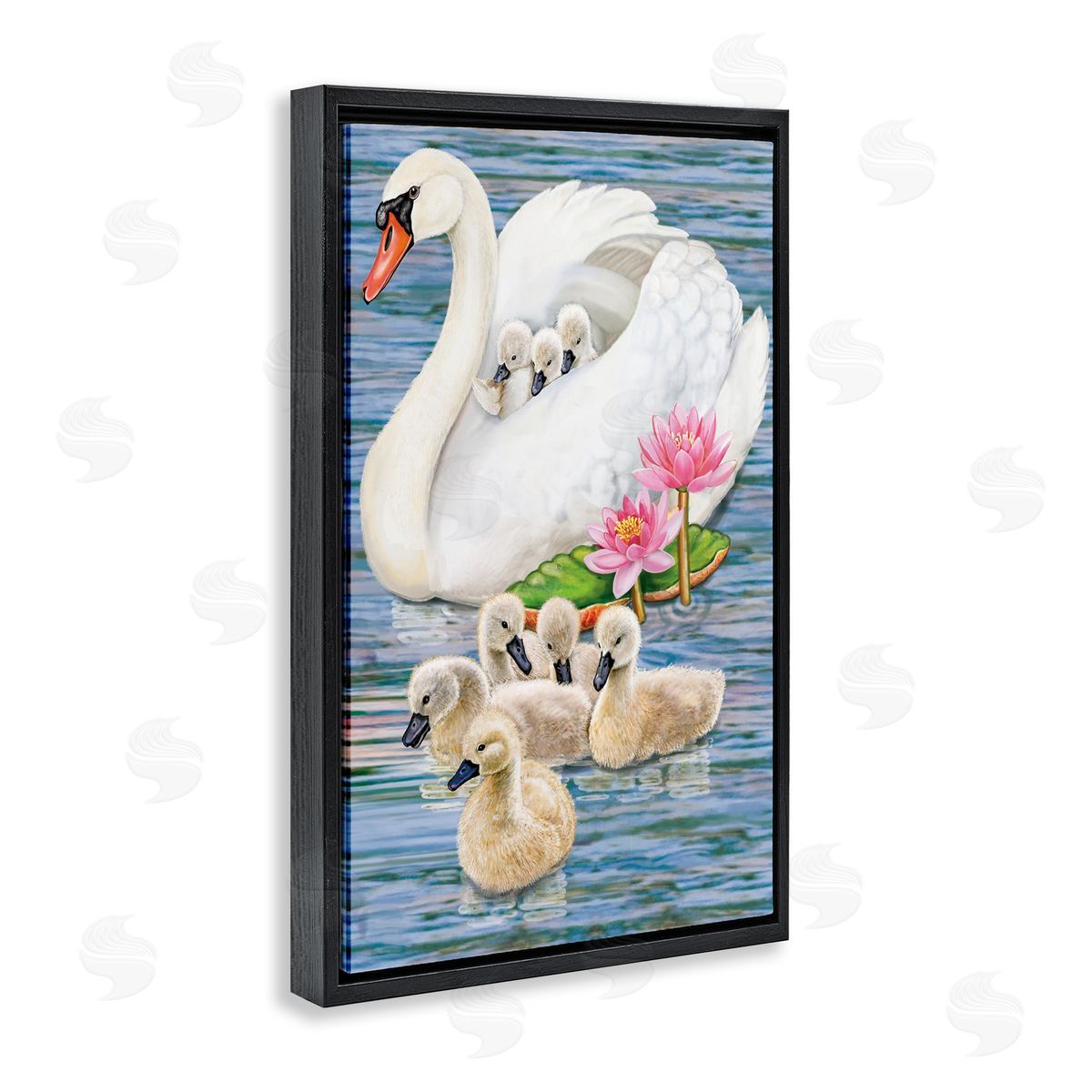 Swan Family & Lotus Flowers Black Floating Frame Canvas Wall Art, Home Decor by Rosiland Solomon